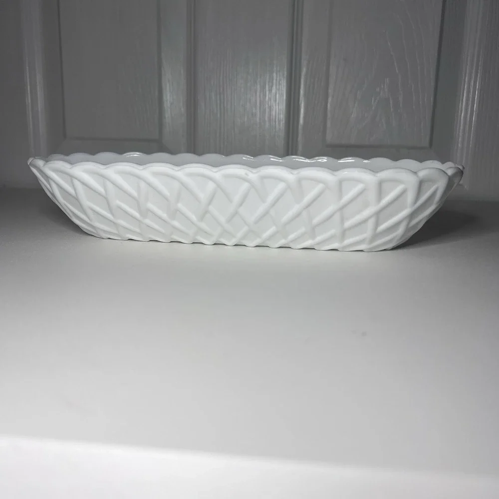 Vintage Indiana Glass Pretzel Pattern Milk Glass Dish Scalloped Rim Oblong 10.25